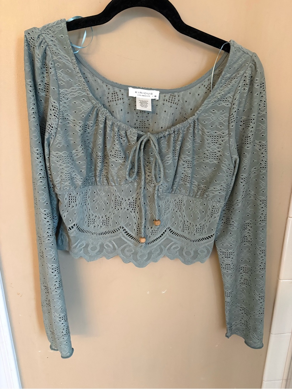 Knitrous Sage Green Crochet Tie-Front Long Sleeve Crop Top